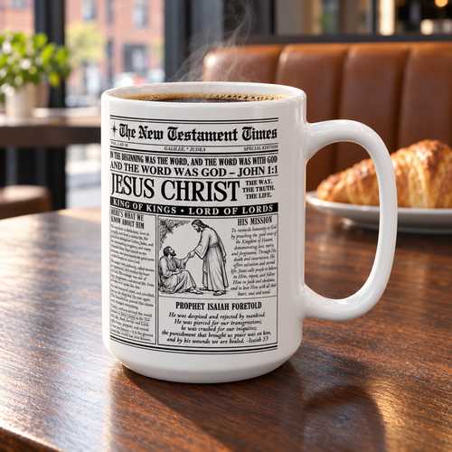 White ceramic mug with a vintage Jesus Christ newspaper design, filled with coffee on a café table, with seating and a pastry softly blurred behind it.