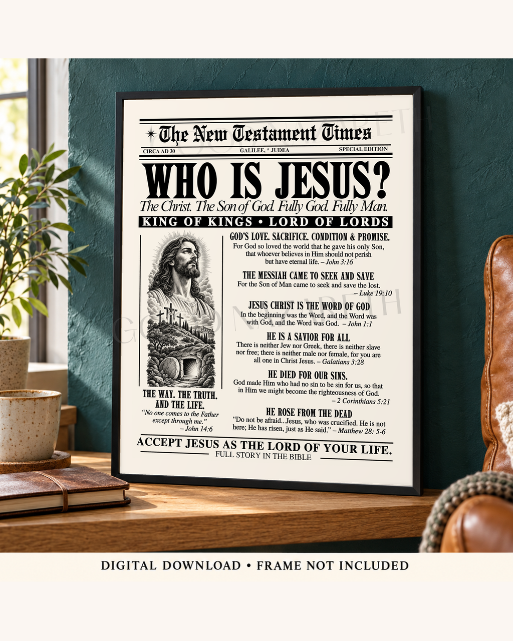 Who Is Jesus? Printable Christian Wall Art | Vintage Gospel Newspaper | Design B