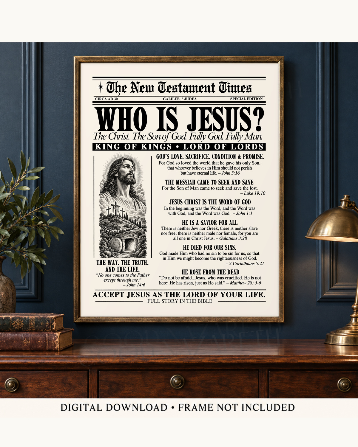 Who Is Jesus? Printable Christian Wall Art | Vintage Gospel Newspaper | Design B