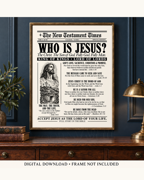 Who Is Jesus? Printable Christian Wall Art | Vintage Gospel Newspaper | Design B