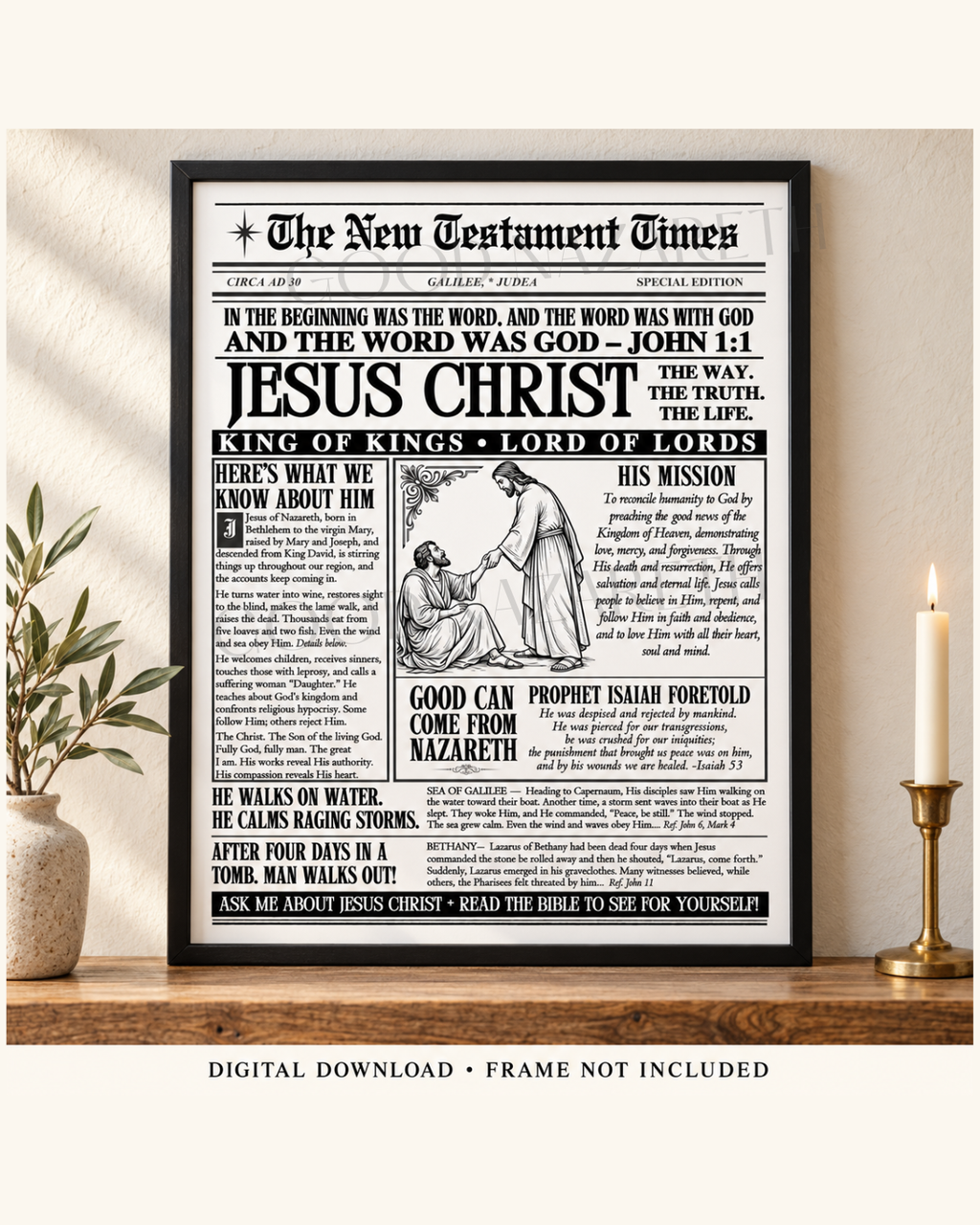 Jesus Christ Printable Wall Art | Christian Newspaper Print | Design C