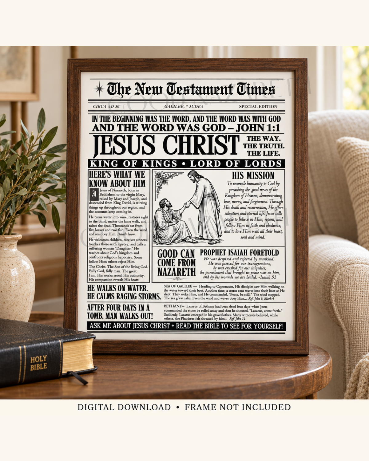 Jesus Christ Printable Wall Art | Christian Newspaper Print | Design C