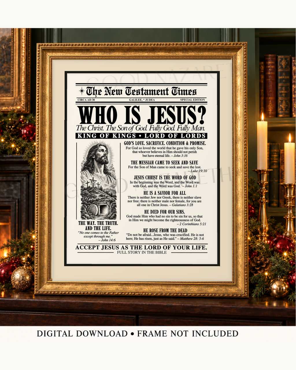 Who Is Jesus? Printable Christian Wall Art | Vintage Gospel Newspaper | Design B