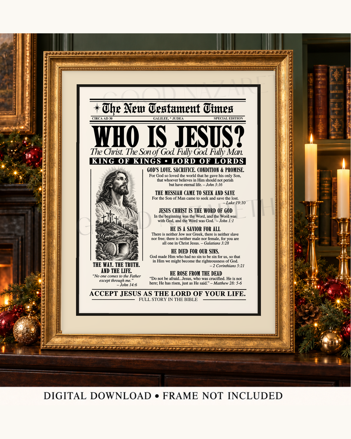 Who Is Jesus? Printable Christian Wall Art | Vintage Gospel Newspaper | Design B